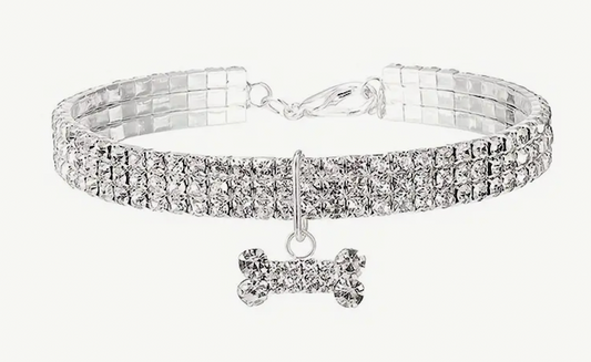 Bougie Rhinestone Dog Collar Silver Bone